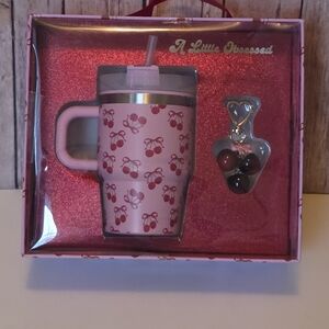 A Little Obsessed 14oz Tumbler W/ Straw & Cherry Bag Charm NWT